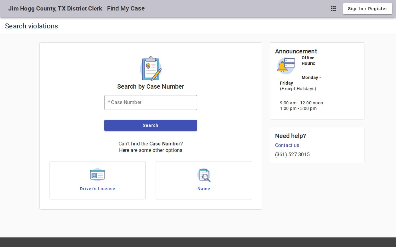 Jim Hogg County Defendant Access case and name search tabs
