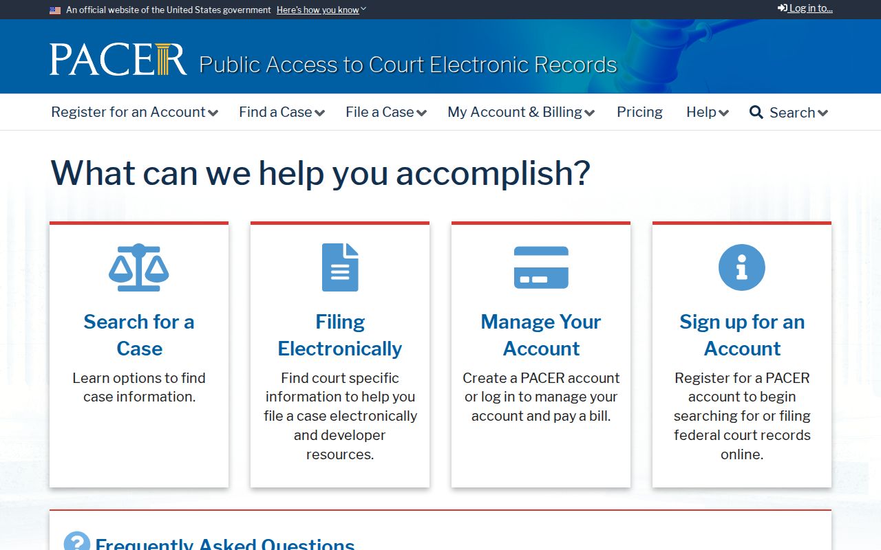 PACER federal case search interface and account information