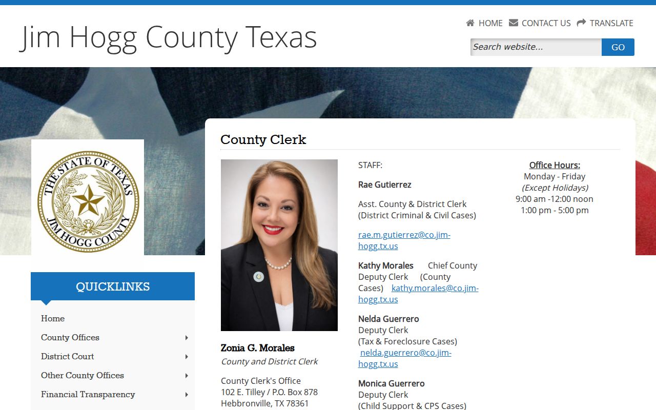 Jim Hogg County combined County and District Clerk contact page