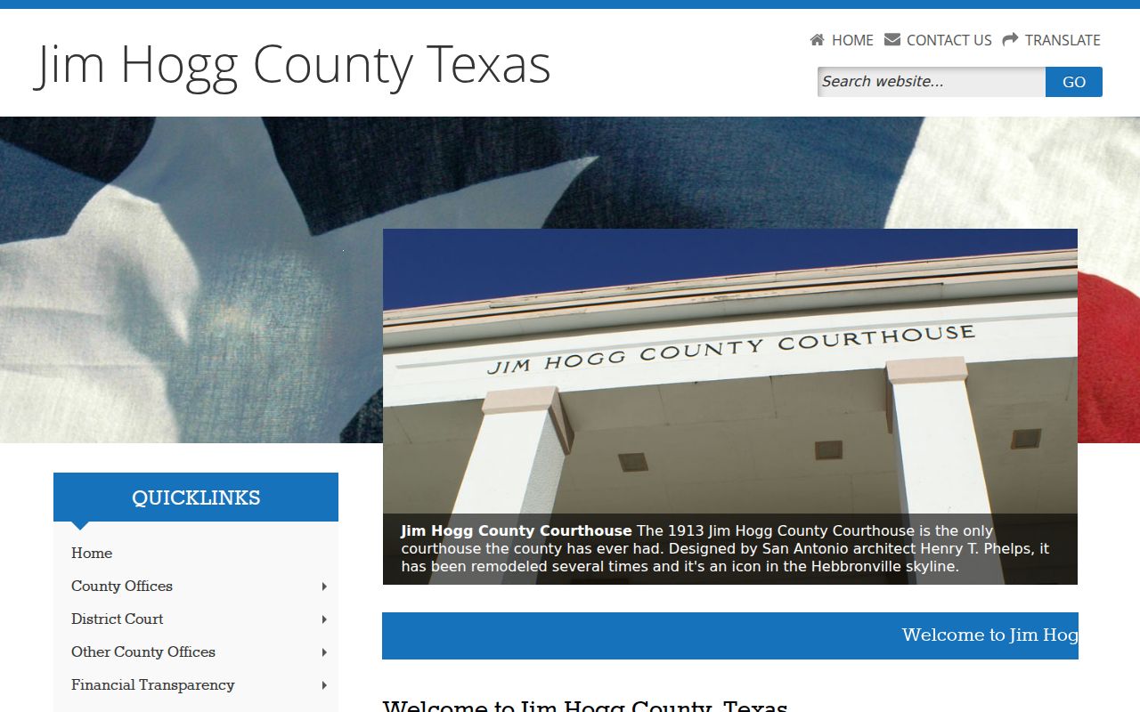 Jim Hogg County homepage with courthouse and citation link
